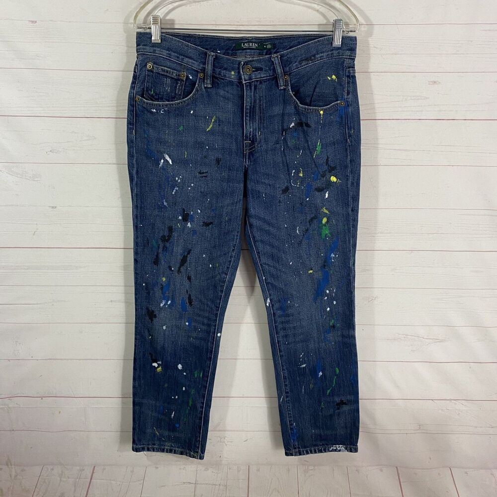 Lauren Ralph Lauren Womens Paint Splattered Ankle Jeans Sz 6 Blue 100% Cotton